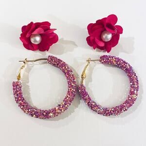 Magenta Glitter Hoops & Flower Stud Earrings Set of 2
